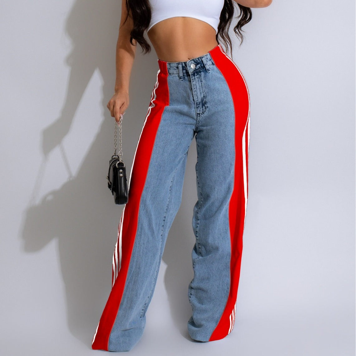 Side Striped Colorblock Denim Patchwork Wide Leg Streetwear Jeans