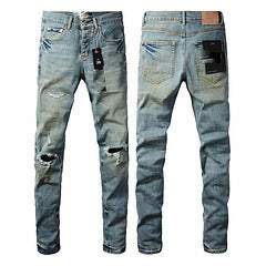 Men's Ripped Colorblock Tie-Dye Print Hip-Hop Stretch Skinny Jeans