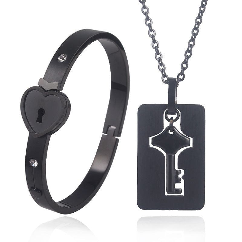 Titanium Sparkling Steel Couple Love Lock Chain Necklace + Bracelet Key Set