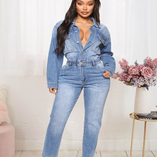 Denim Light Blue Gradient Faded Washed Button-Up Long Sleeve Elastic Waist Women's Jeans Jumpsuit