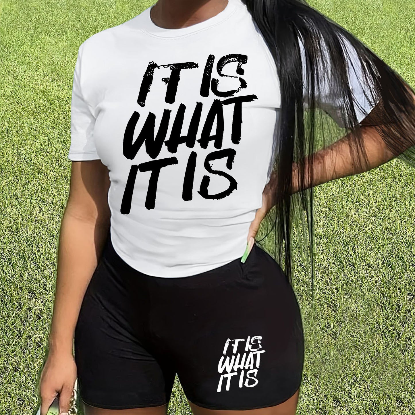 "It Is What It Is" Women's O-Neck T-Shirt + Matching Mini Shorts 2-Piece Set