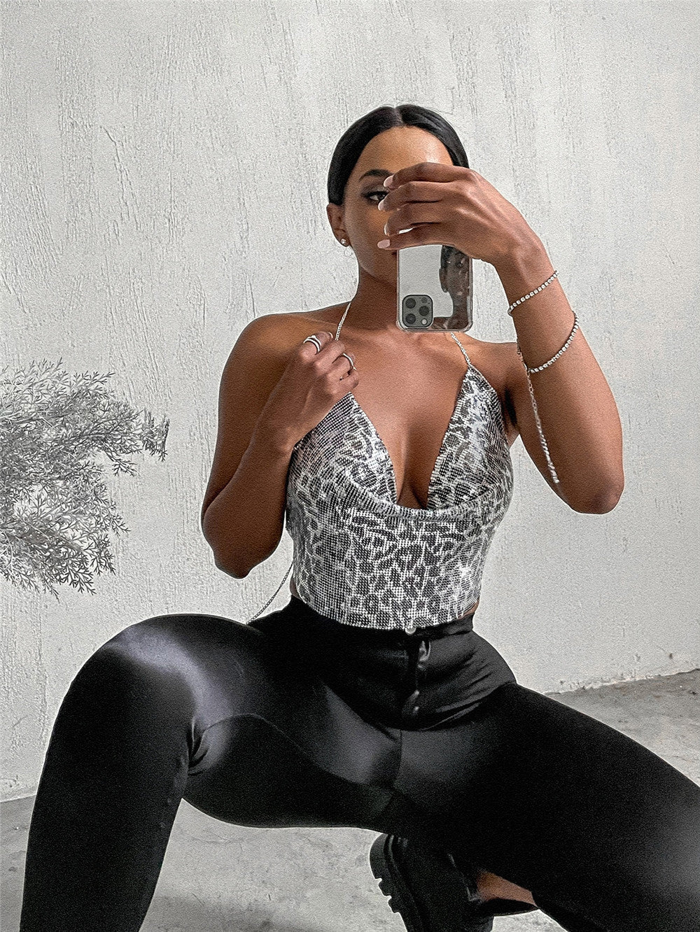 Sleeveless Backless Metal Sequin Leopard/Solid Halter Strap Women's Tank Top