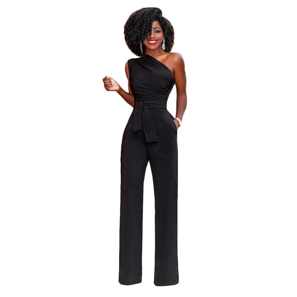 Asymmetrical One Shoulder Solid Color Sash Belted Women's Party Jumpsuit