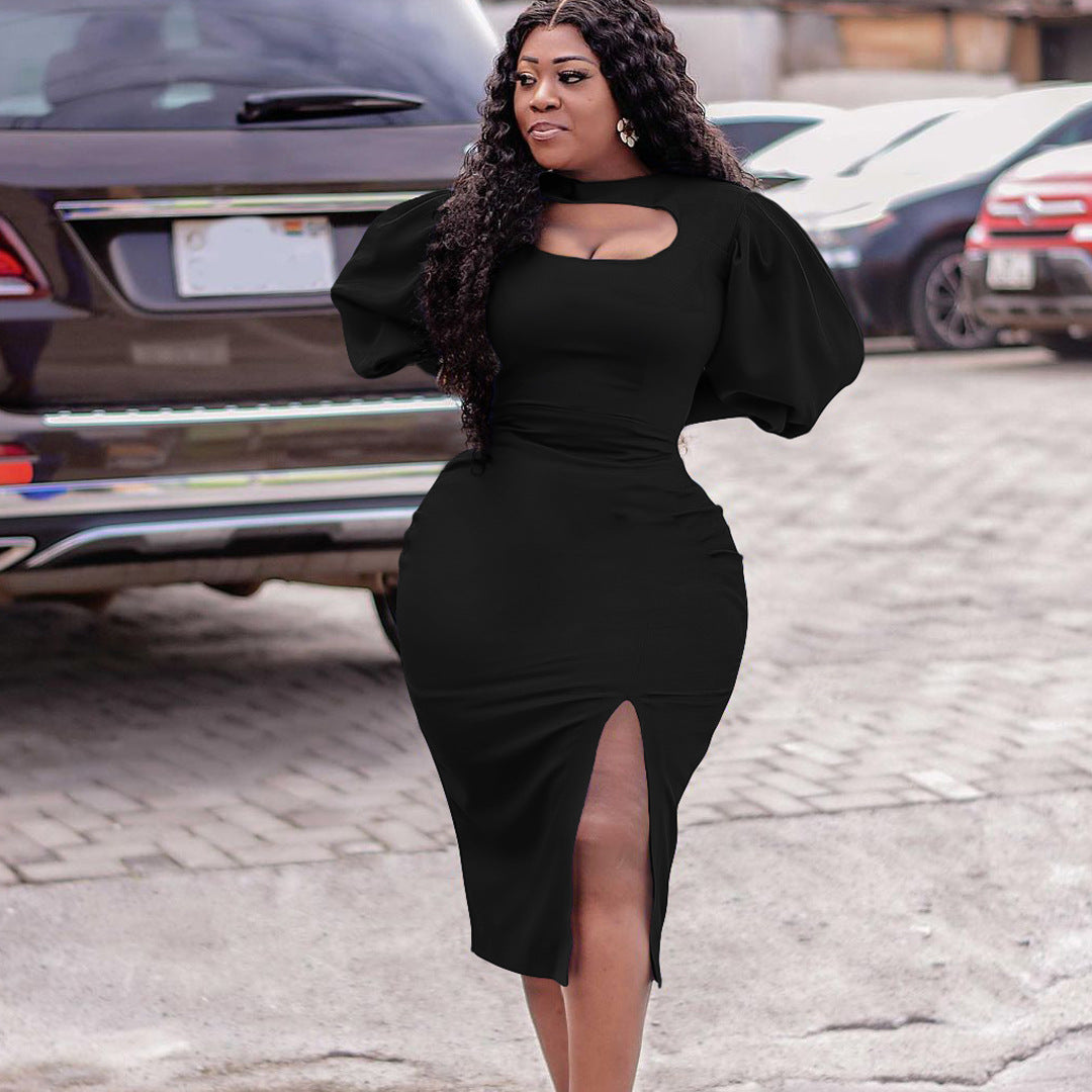 Puff Balloon Sleeve Hollow-Out High Slit Solid Color African Midi Dress to 3X Plus Size