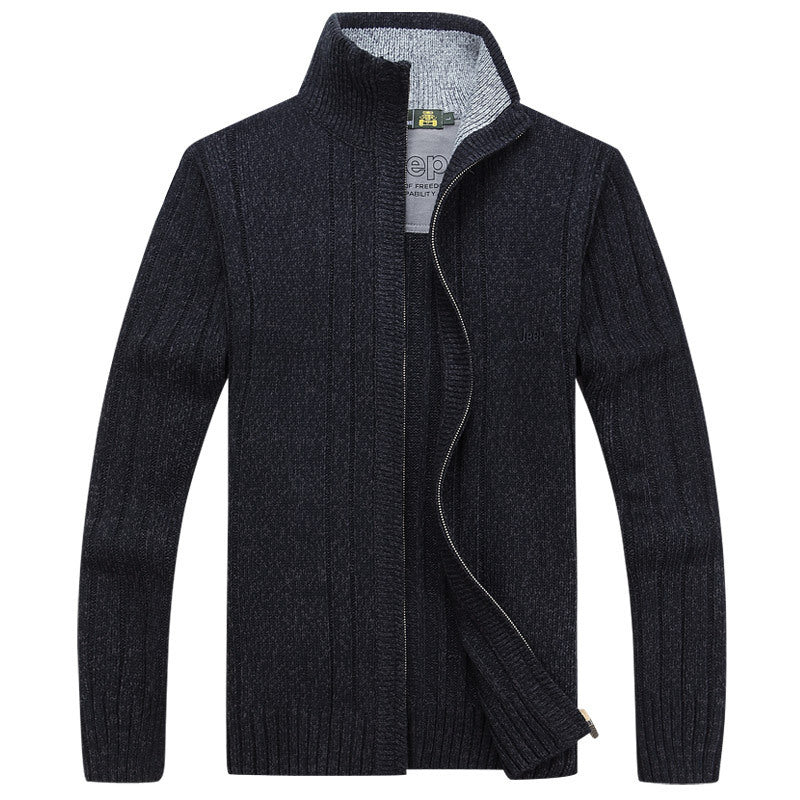 Men's Ribbed Fleece Lined Knitted Stand Collar Skinny Zipper Cardigan Sweater Jacket