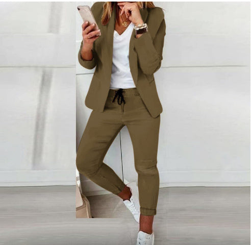 Single Breasted Solid Color Blazer Jacket + Drawstring Pants Women's 2-Piece Office Suit to 3X Plus Size