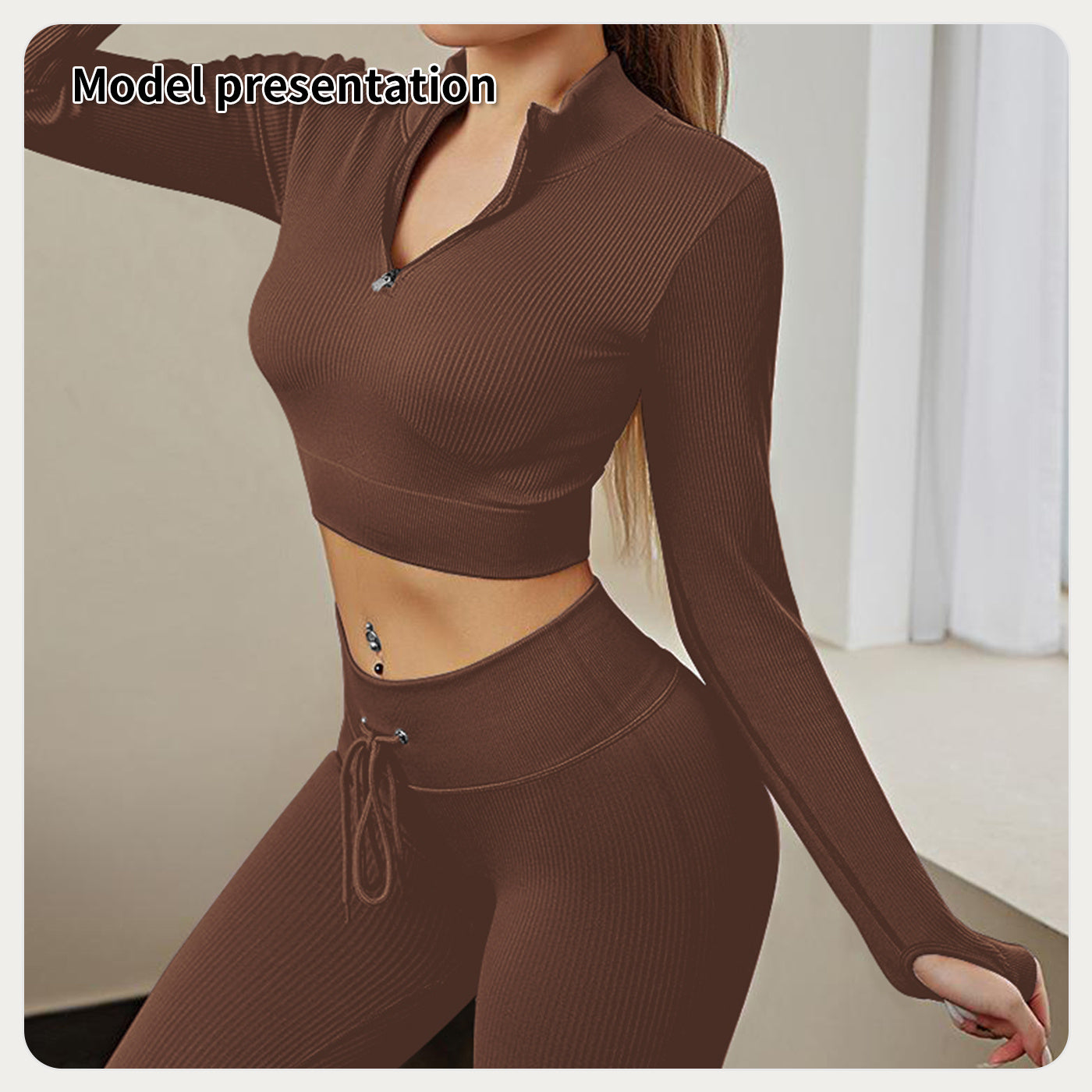 Women's Solid Color Long Sleeve Zipper Pullover Top + Drawstring Leggings Yoga Tracksuit