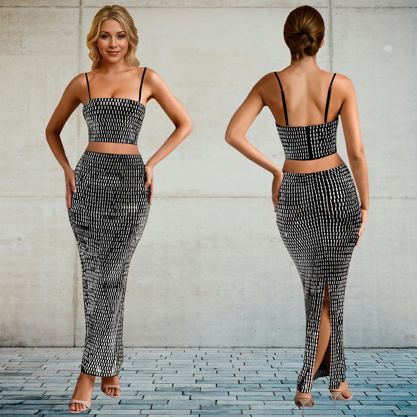 Rhinestone Gradient Colorblock Women's Rhinestone Sleeveless Crop Top + Back High Slit Maxi Skirt 2-Piece Set