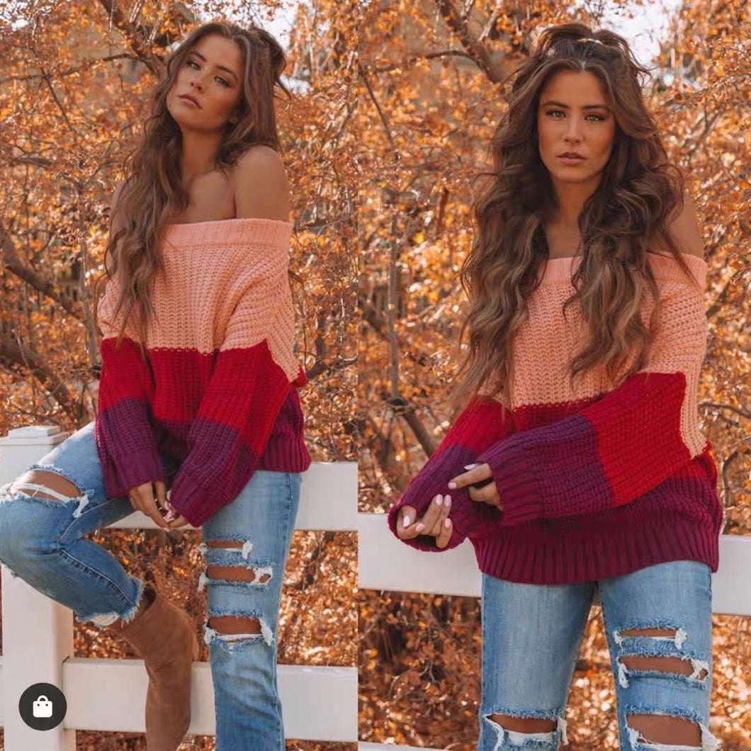Striped Colorblock Off-the-Shoulder Knitted Women's Long Sleeve Sweater