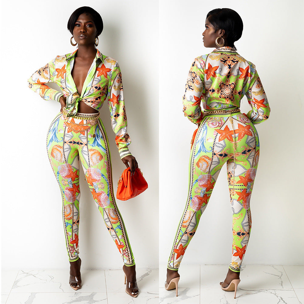 Tropical Starfish Baroque Chain Print Turn-Down Collar Long Sleeve Lace-Up Blouse+ Skin Tight Leggings Women's 2-Piece Set