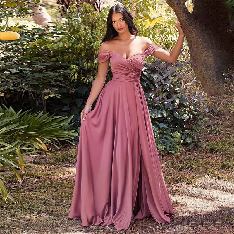 Off-the-Shoulder Corset Design Cinched Waist Solid Color Temperament Bridesmaid/Party Formal Maxi Dress