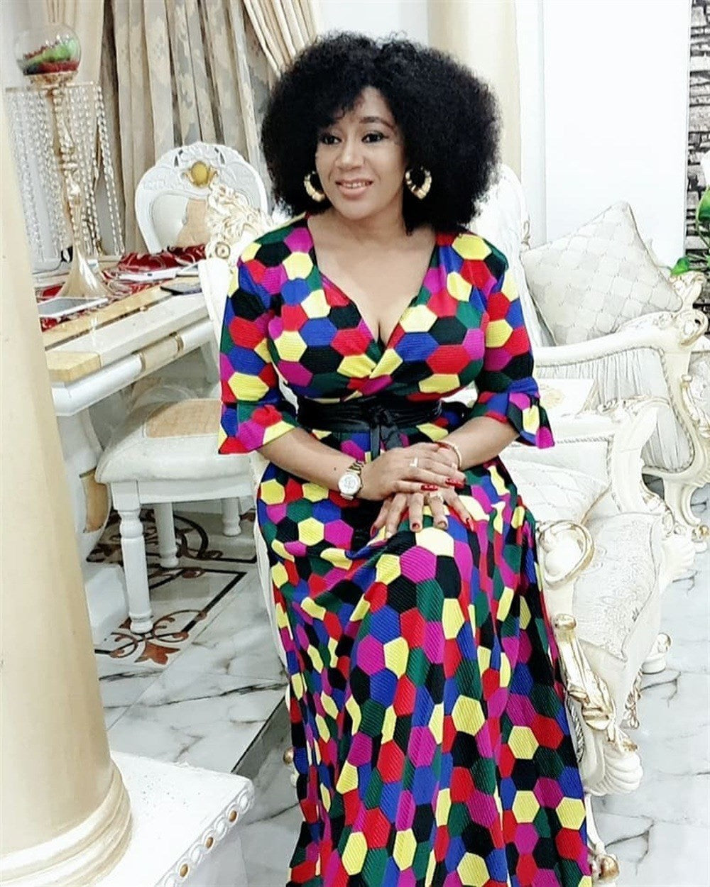 Geometric Multi-Colored Print V-Neck Short Sleeve Sash Belted Maxi Dress