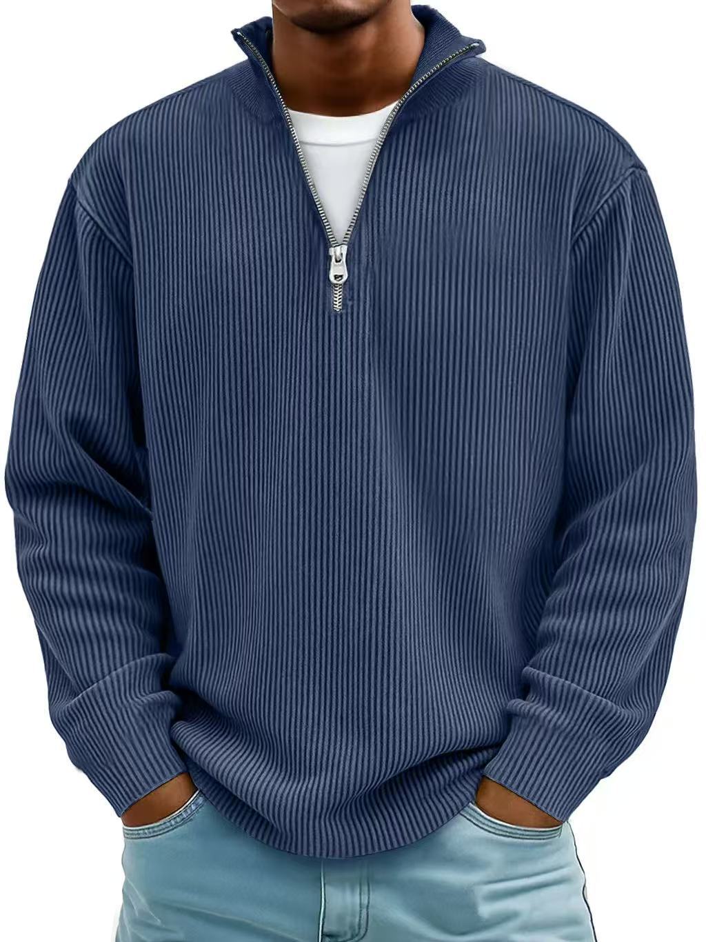 Men's Corduroy Stand Collar Solid Color Long Sleeve Quarter Zip Sweatshirt