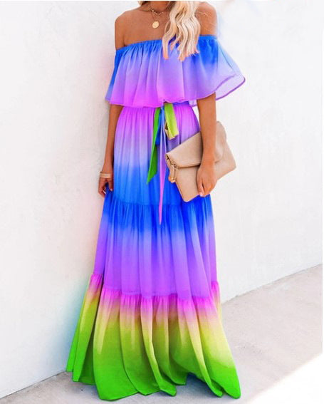Rainbow Tie-Dye Colorblock Gradient Print Off-the-Shoulder Sleeveless Maxi Dress