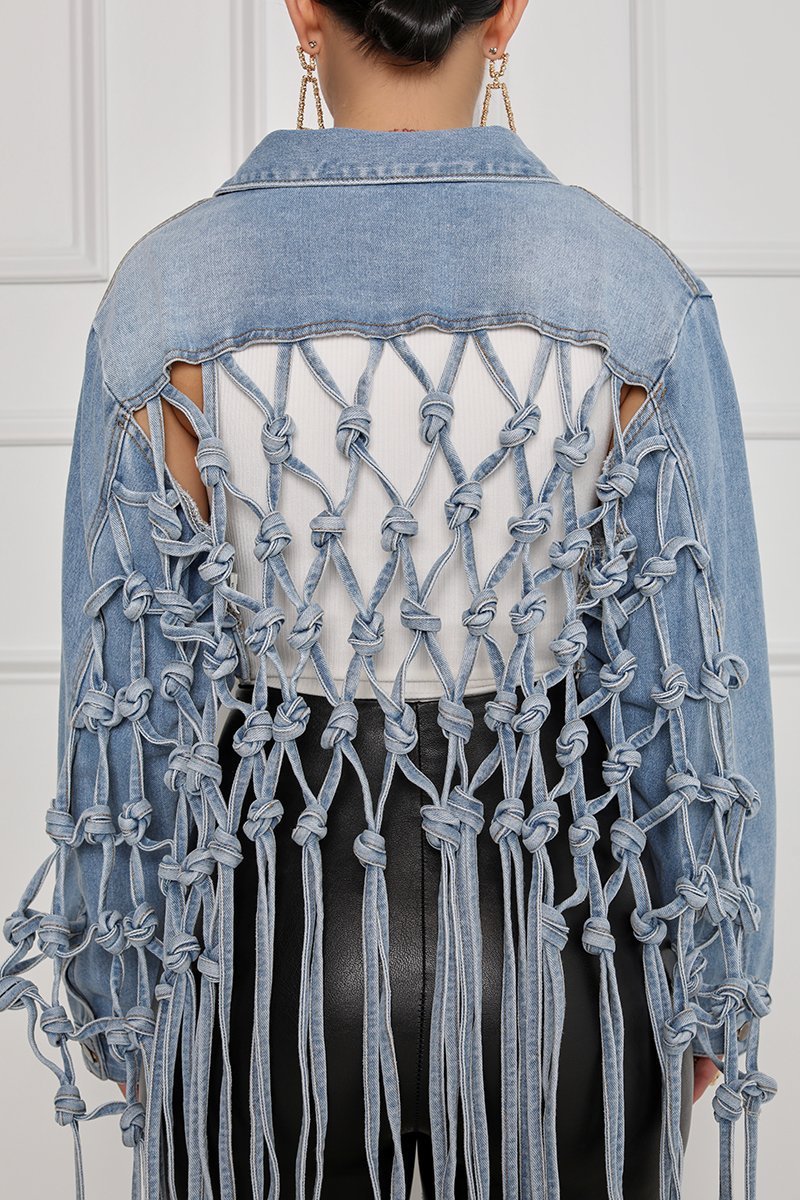 Denim Mesh Knotted Tassel Fringe Net Back Design Women's Jean Jacket to 3X Plus Size