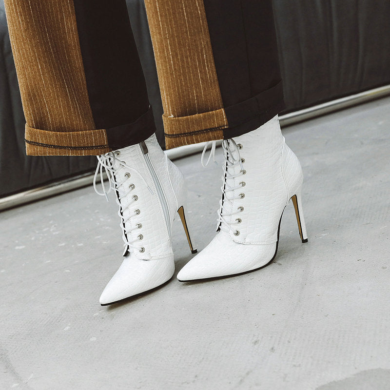 Croc Pattern Patent Leather Stiletto Heel Solid Color Lace-Up Women's Ankle Boots
