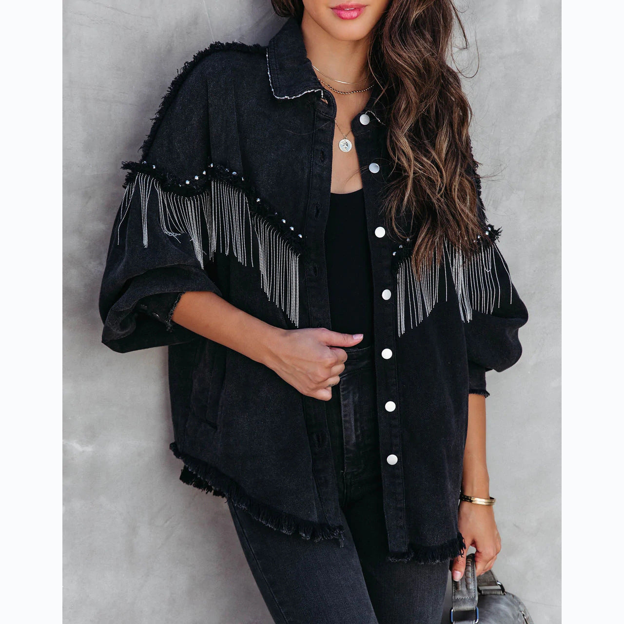 Denim Western Tassel Fringe Chain Rivet Design Women's Button-Up Jean Jacket