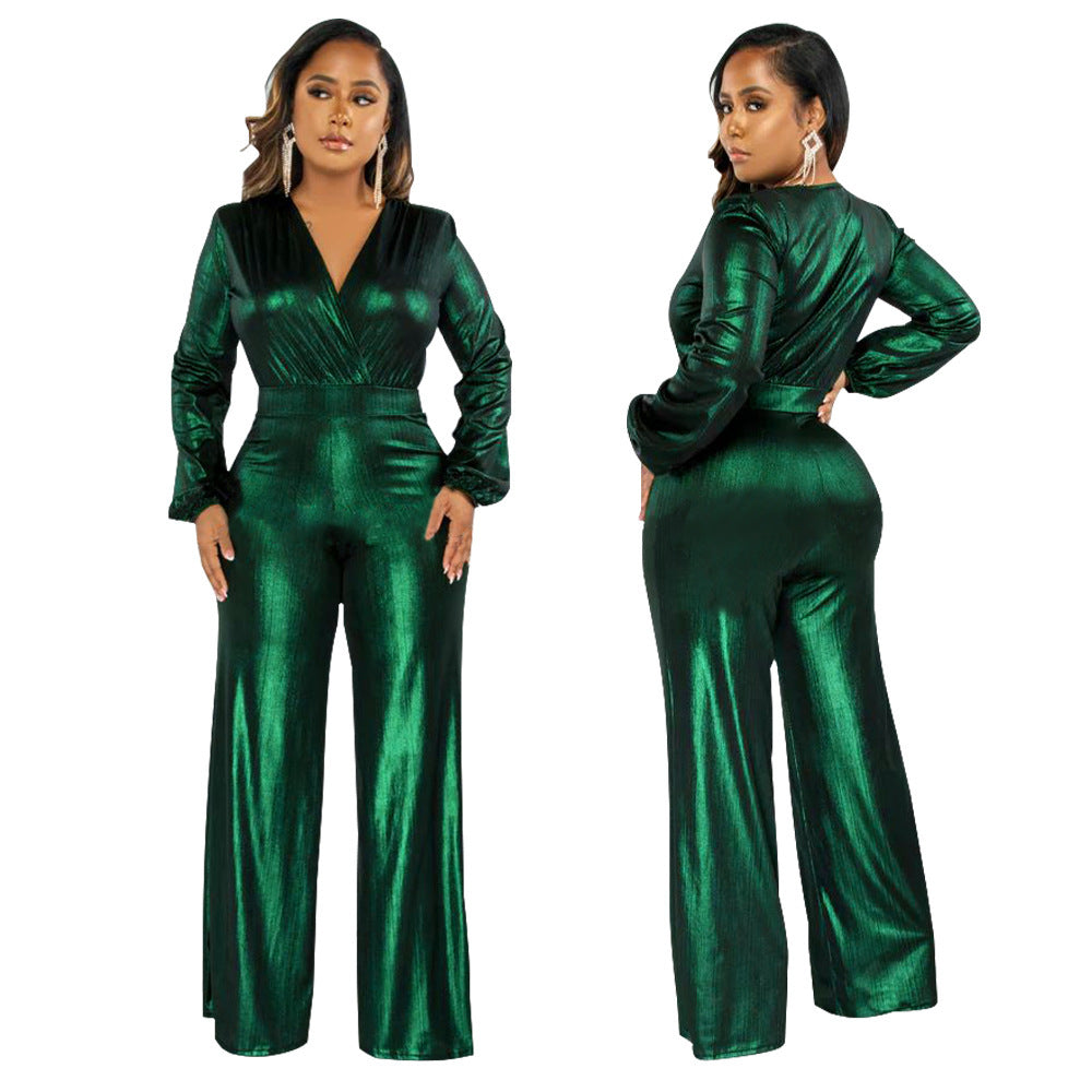 Faux Leather Shiny Ruched Metallic V-Neck Long Lantern Sleeve Women's Formal Jumpsuit