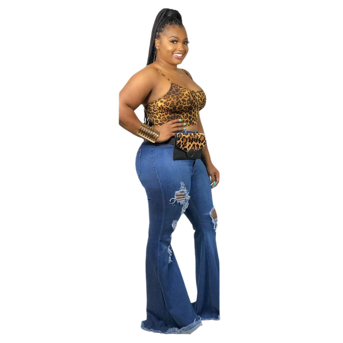 Denim Cut-Out Hole Ripped Fringe Pattern Slim Stretch Wide Leg Women's Bell-Bottom Jeans to 5X Plus Size