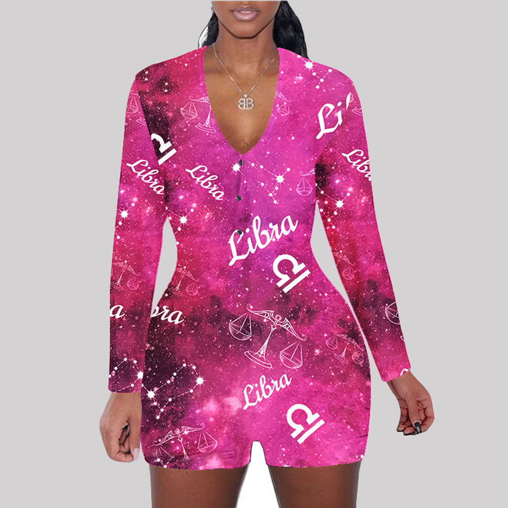 Astronomy Print Long Sleeve V-Neck Bodycon Women's One Piece Shorts Romper