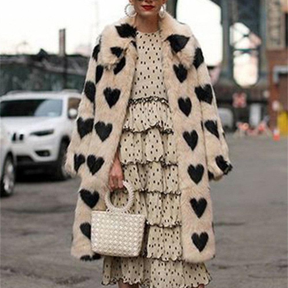 Faux Fur Khaki/Black Heart Print Women's Long Sleeve Turn-Down Collar Coat to 5X Plus Size