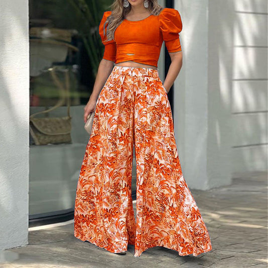 Puff Sleeve Cross Hem Solid Color Top  + Floral Print Wide Leg Pants Women's 2-Piece Sets to 3X Plus Size