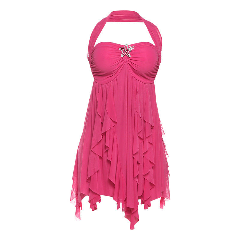 Halter Neck Backless  Printed Irregular Mesh Mini Dress