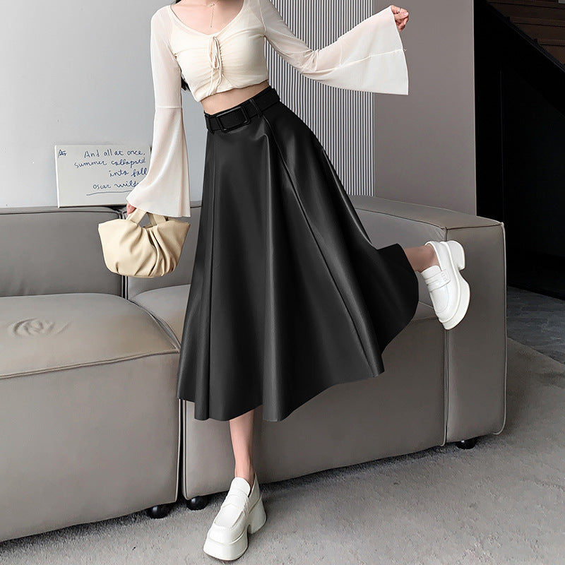 Flared Belted PU Leather A- Line High Waist Midi Skirt