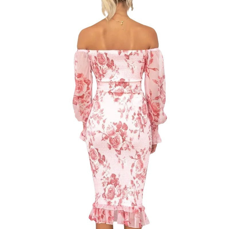 Flower Print Ruched Long Sleeve Off-the-Shoulder Flared Hem Midi Dress