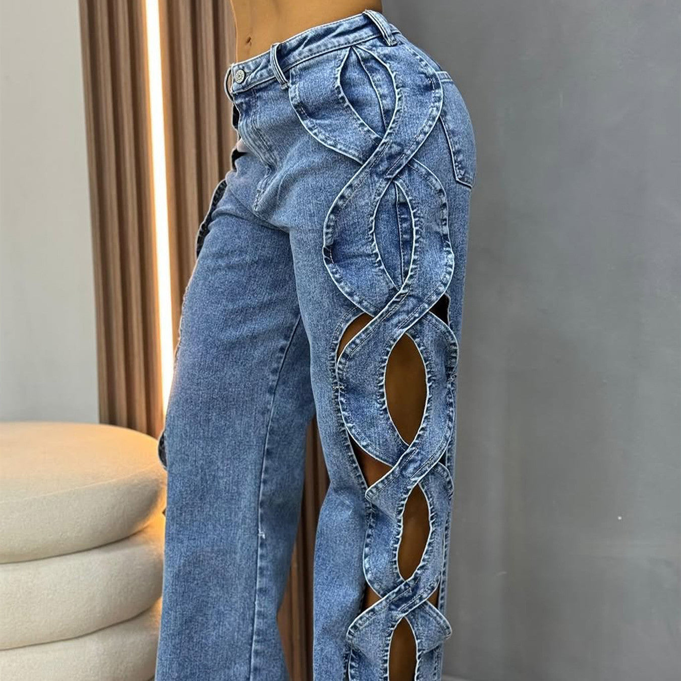 Denim Faded Washed Criss-Cross Side Hollow-Out Pattern Women's Jeans
