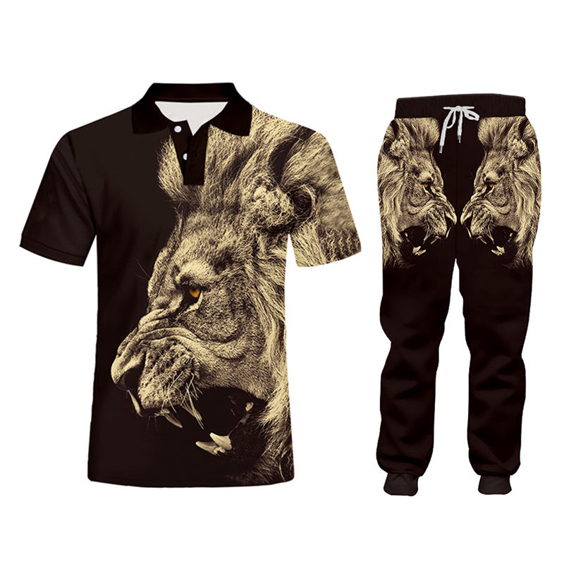 Men's Colorblock 3D Lion Print Hoodie Sweatshirt/Turn-Down Collar Short Sleeve Polo Shirt/T-Shirt/O-Neck Sweatshirt + Drawstring Jogger Sweatpants Tracksuit