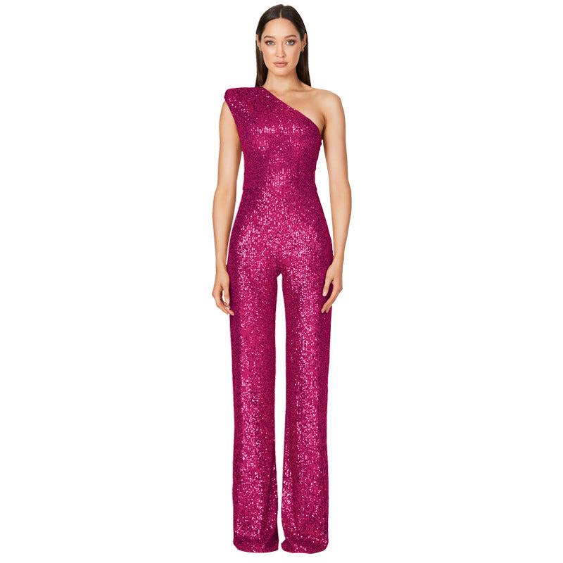 Sequin Sleeveless Sparkling Glitter Asymmetrical One Shoulder Women's Jumpsuit