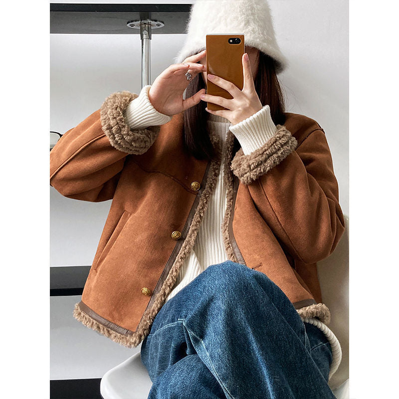 Lamb Faux Fur Plush Fleece Lined  Mandarin Collar Women's Button-Up Jacket