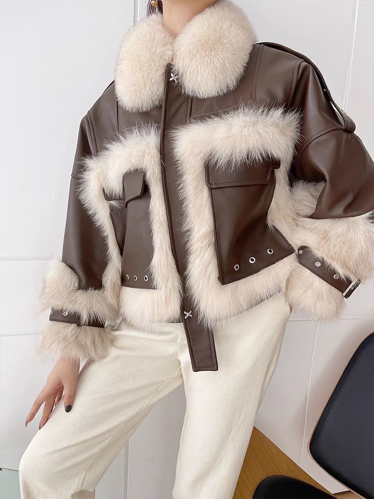 Vintage PU Leather Patchwork Colorblock Faux Fur Lined Stitched Women's Jacket