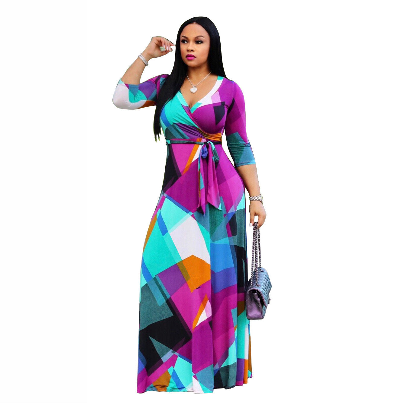 Tropical/Floral/Colorblock/Baroque Print V-Neck Long Sleeve Maxi Dress to 5X Plus Size