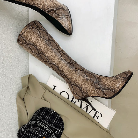 Snakeskin Colorblock Print Women's Stiletto Heel Pointed Toe Boots