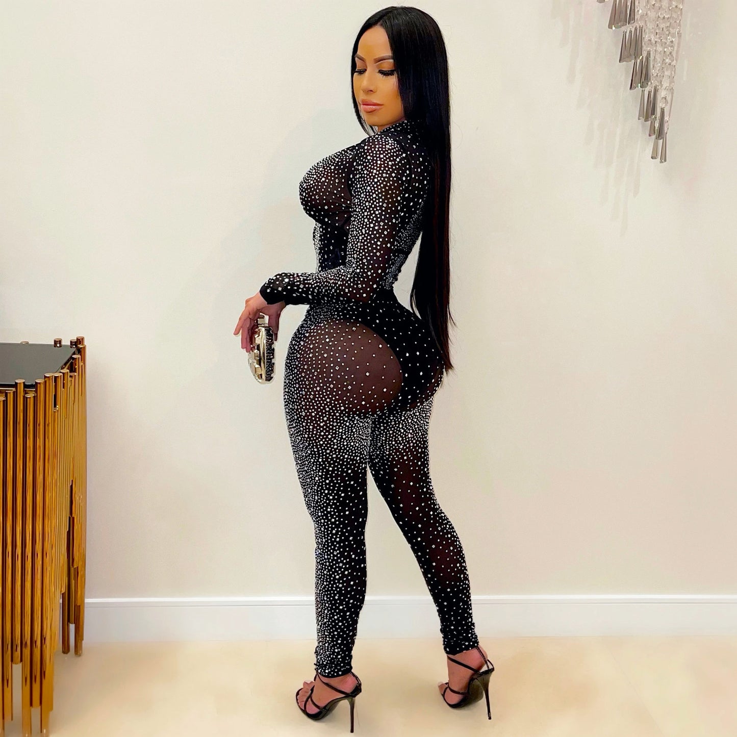 Geometric Hot Drill Sparkling Rhinestone Sheer Transparent Mesh Long Sleeve V-Neck Crop Top + Leggings 2-Piece Set