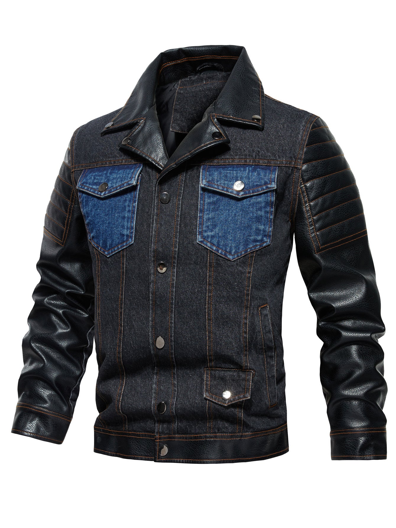 Men's Denim PU Leather Patchwork Colorblock Double Pocket Jean Jacket