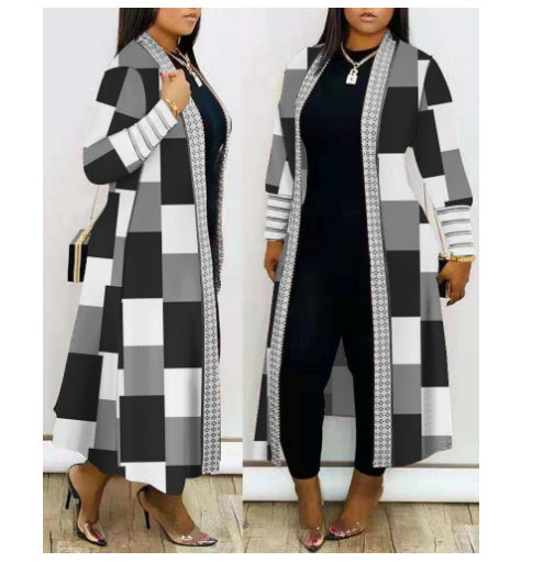 Houndstooth/Geometric/Colorblock Print Women's Open Maxi Cardigan Sweater to 5X Plus Size