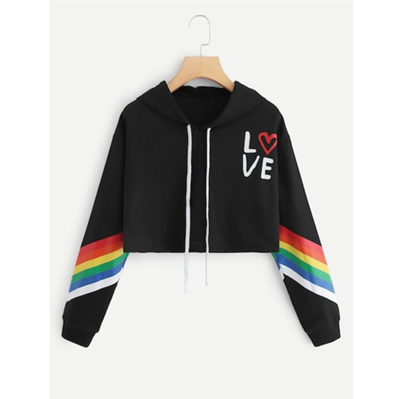 Rainbow Striped "LOVE" Heart Print Women's Cropped Long Sleeve Hoodie Sweatshirt
