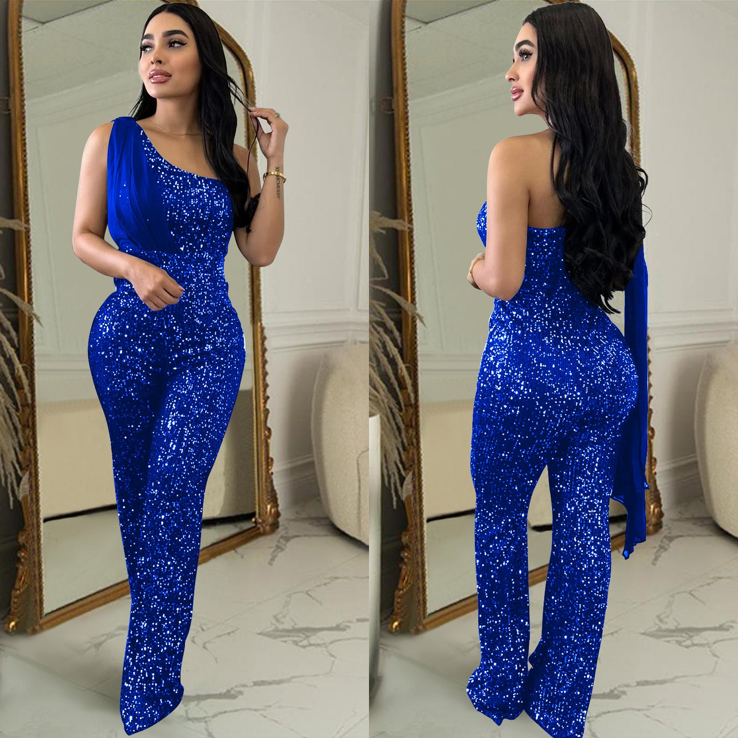 Sequin Glitter Asymmetrical Women's Solid Color Sleeveless One Shoulder Jumpsuit