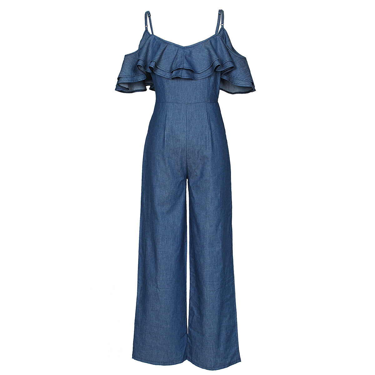 Off-the-Shoulder Denim Blue Spaghetti Strap Ruffled Bowknot Sash Belt Design Women's Jeans Jumpsuit