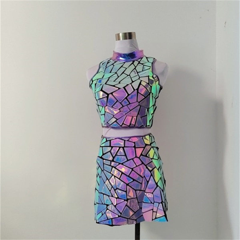 Metallic Silver Purple Geometric Print Sleeveless Crop Top + Mini Skirt 2-Piece Set