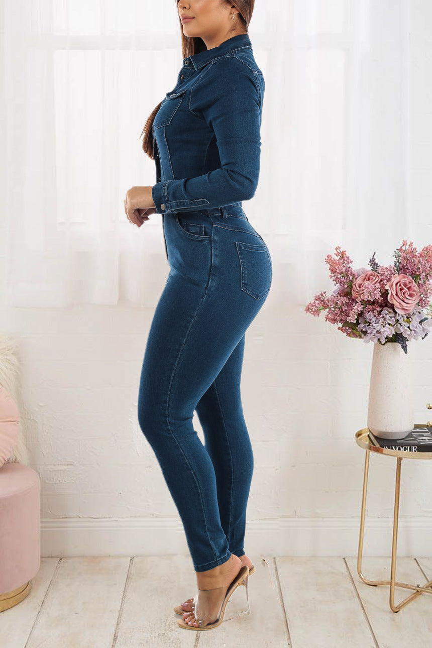 Blue Denim Washed Turn-Down Collar Button-Up Women's Long Sleeve Skinny Jean Jumpsuit to 3X Plus Size