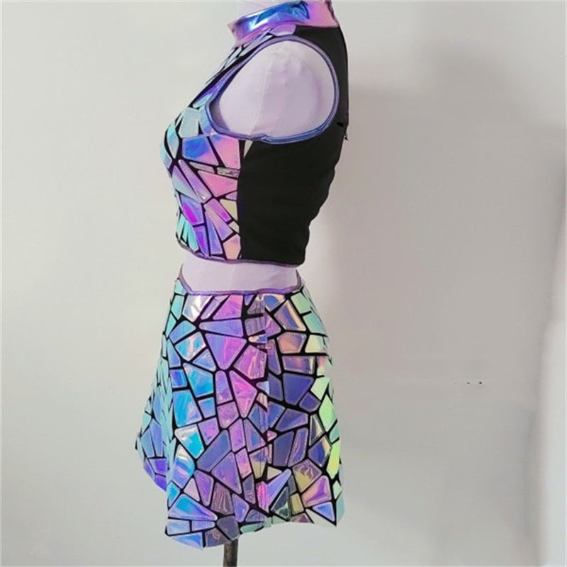 Metallic Silver Purple Geometric Print Sleeveless Crop Top + Mini Skirt 2-Piece Set