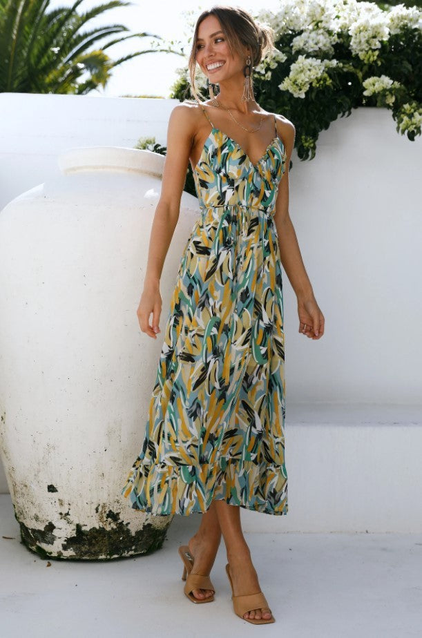 Bohemian Geometric Floral Print Spaghetti Strap High Slit Backless Maxi Sundress