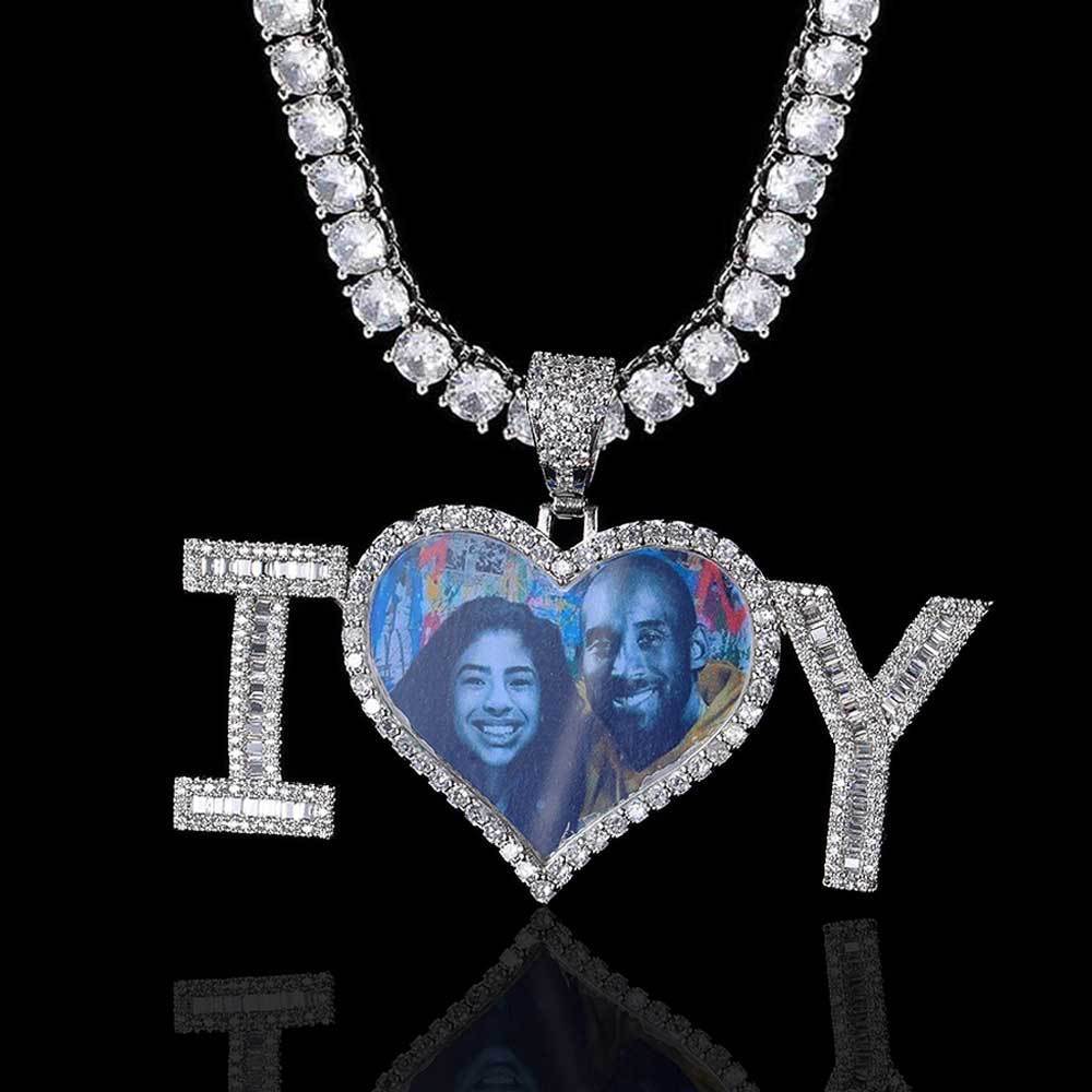 Customized Cubic Zirconia Letter Patchwork Heart Photo Pendant Chain Necklace