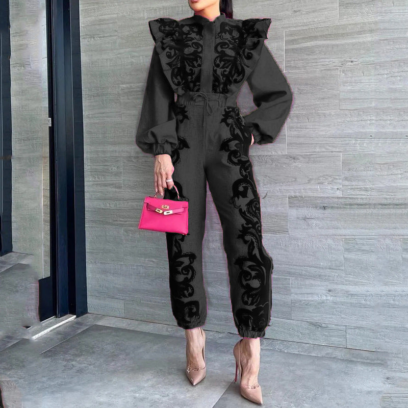 Ornate Swirl Print Pleated Ruffled Lantern Sleeve Blouse + Drawstring Trouser Pants Women's 2-Piece Set