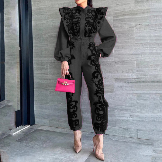 Ornate Swirl Print Pleated Ruffled Lantern Sleeve Blouse + Drawstring Trouser Pants Women's 2-Piece Set