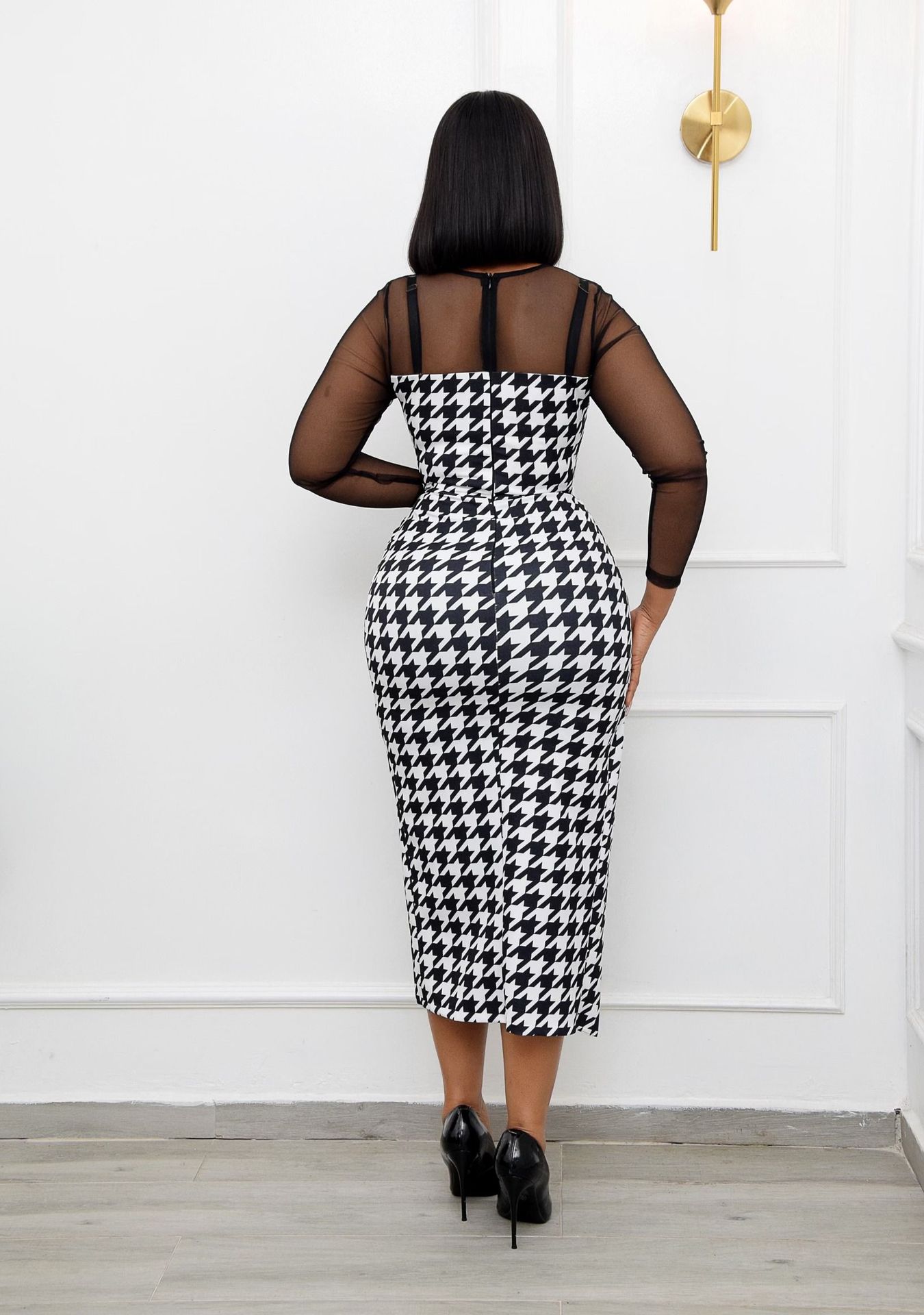 Sheer Transparent Top Design Floral/Zebra/Houndstooth Print Ruched Long Sleeve Dress